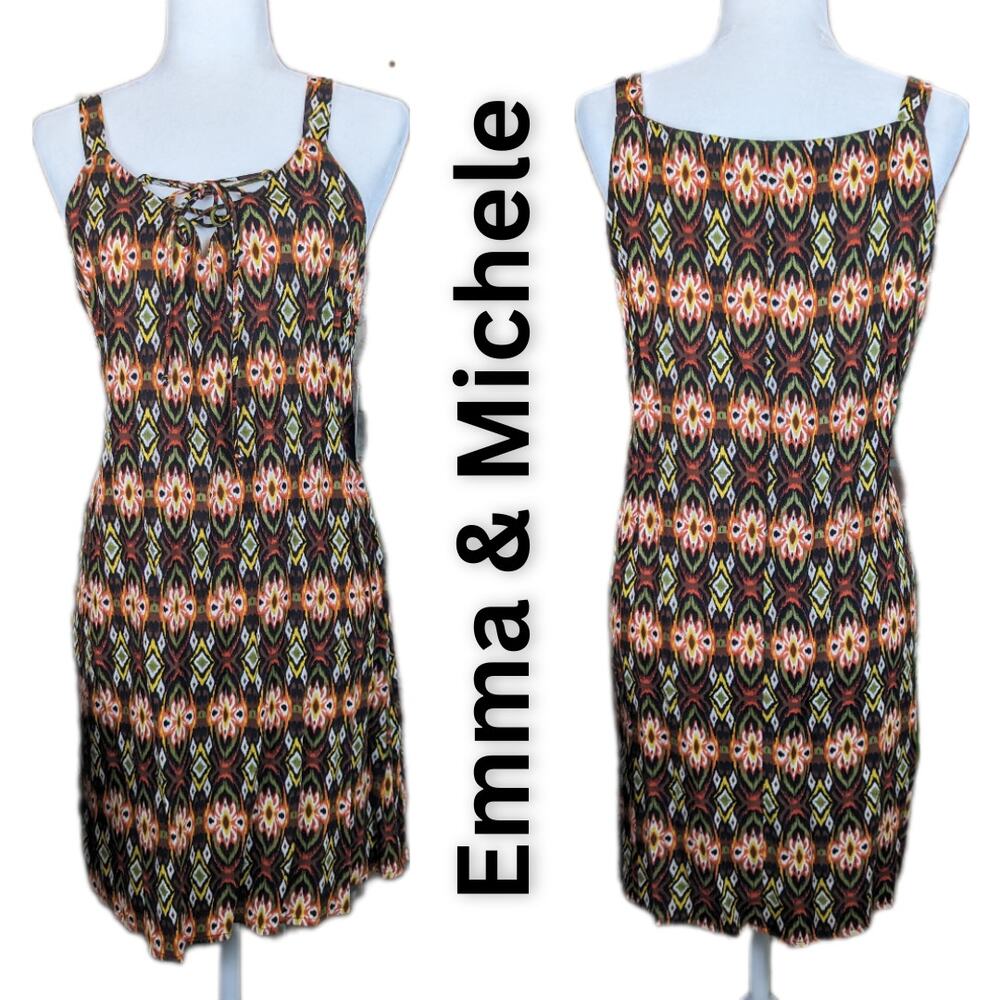 Emma & Michele Slip Sundress Large Black Coral Geo Tribal Boho V-Neck Laced NEW